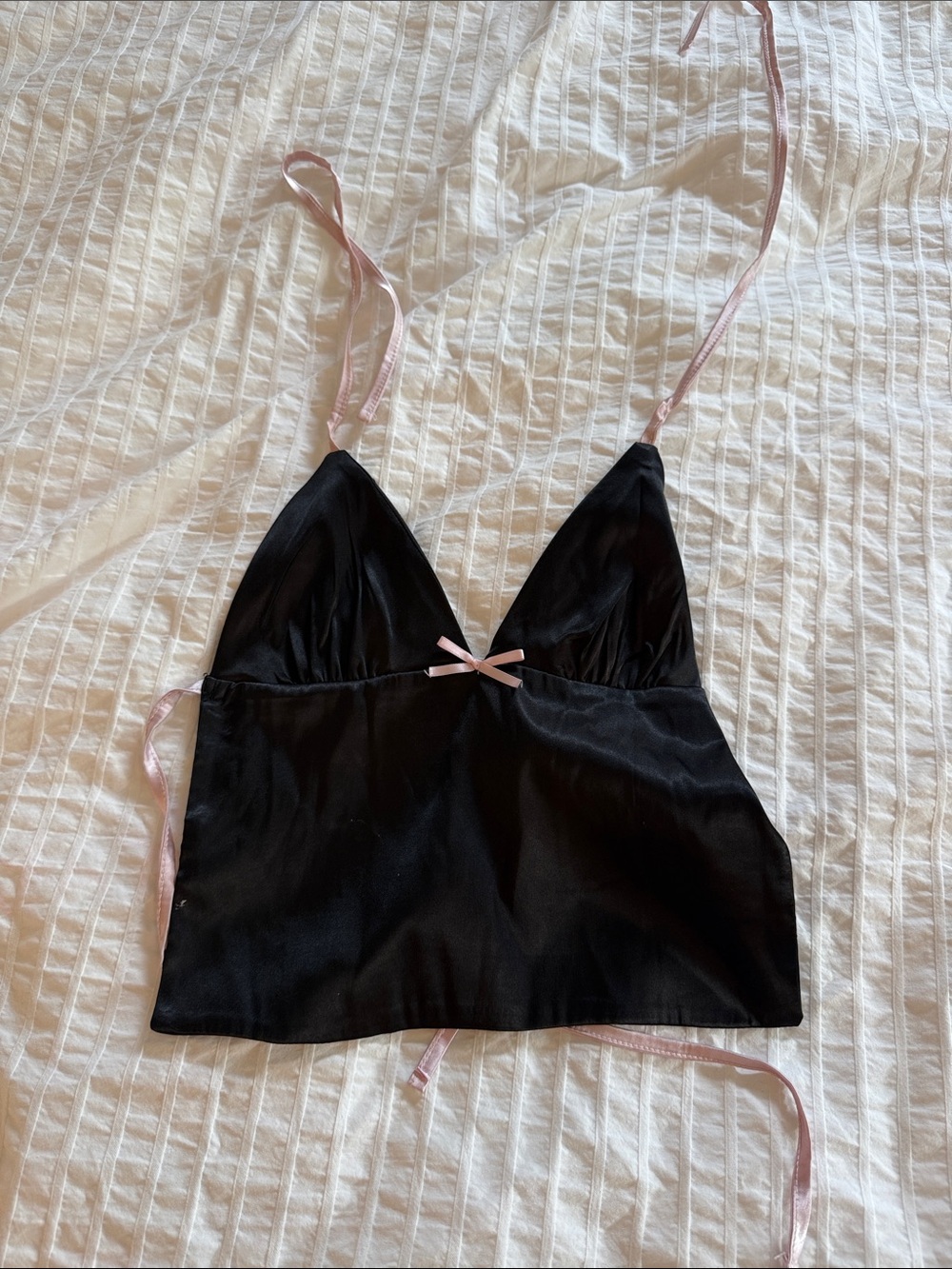 Edikted Black Satin Crop Cami with Pink Trim